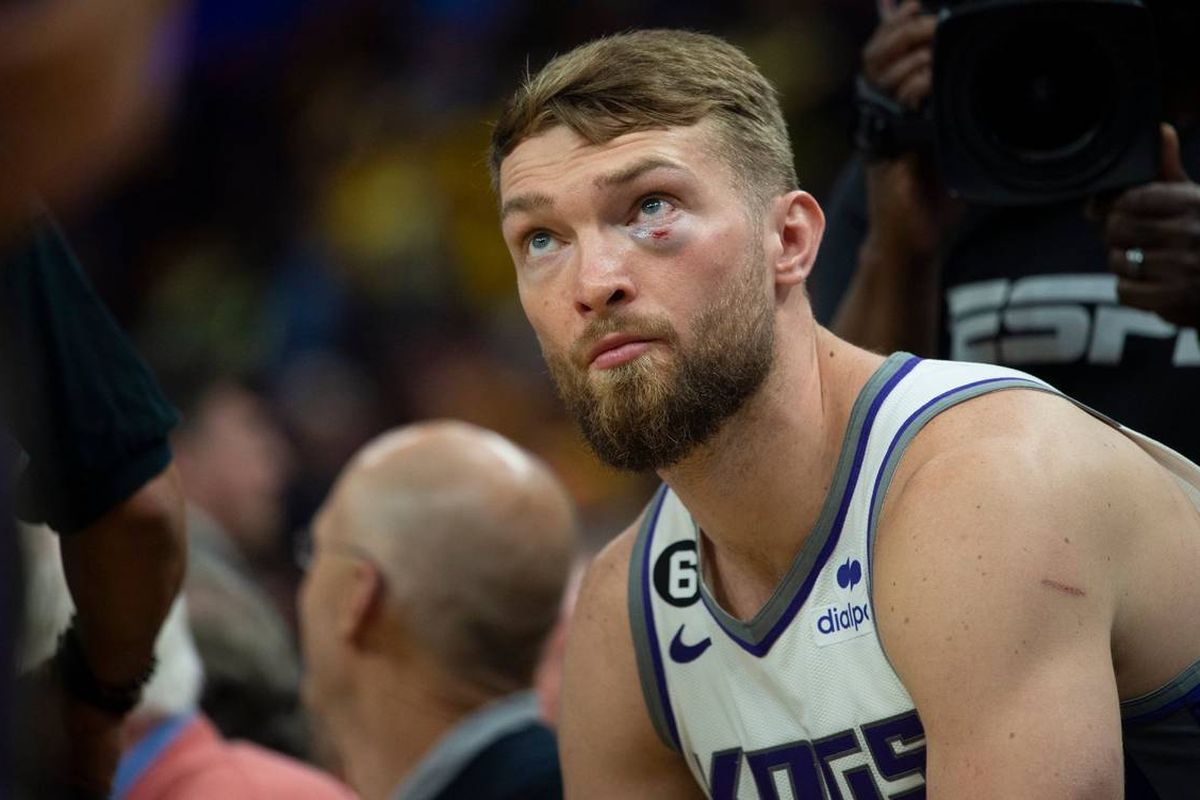 Sacramento Kings center Domantas Sabonis (10) sits on the bench with a black eye during Game 6 of the first-round NBA playoff series at Chase Center on April 28, 2023.  (Paul Kitagaki Jr./Tribune News Service)