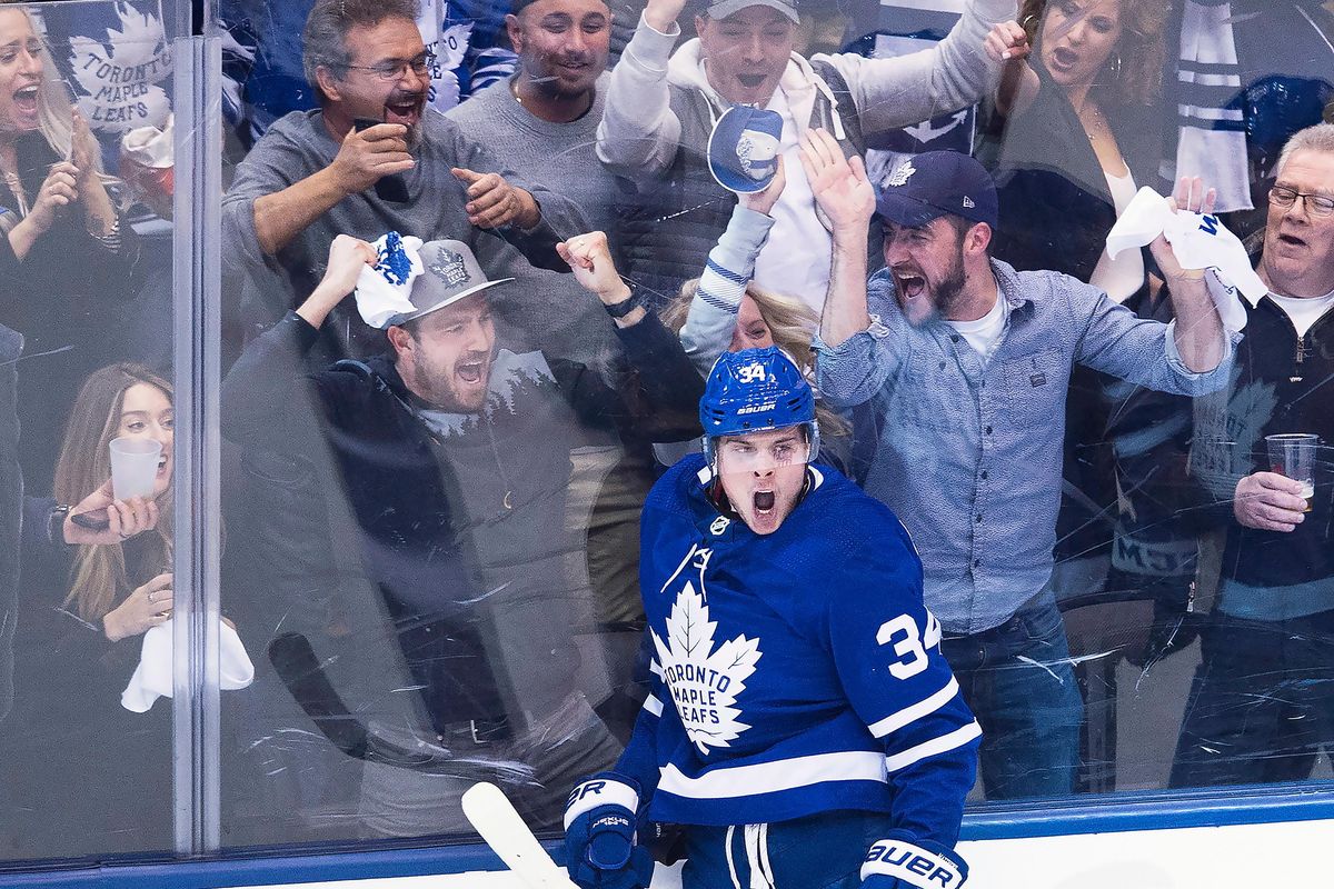 Toronto Maple Leafs centre Auston Matthews (34) reacts after scoring against the Boston Bruins during second period NHL, round one playoff hockey action in Toronto on Monday, April 16, 2018. (Nathan Denette / Canadian Press via AP)
