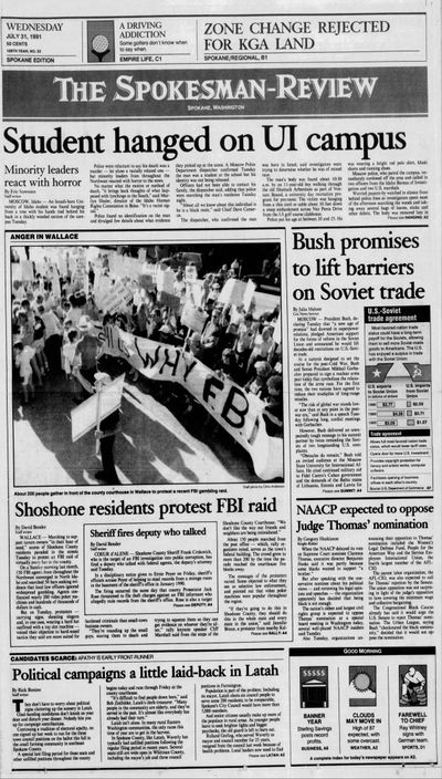 July 31, 1991 -- Shoshone residents protest FBI raid. Marching to support tavern owners 