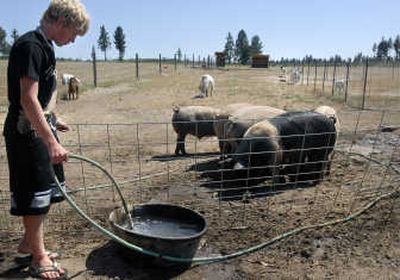 
Alex Fultz, 14, fills a tub with water for the pigs and goats his parents raise at Just Natural Farm in Colbert. 
 (Photos by Holly Pickett / The Spokesman-Review)