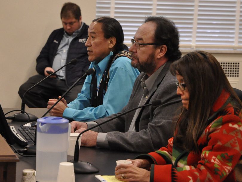 OLYMPIA -- Dave Browneagle, left, asks legislators for support to restore salmon to the Columbia River behind Grand Coulee Dam as D.R. Michel of Upper Columbia United Tribes and Spokane Tribal Chairwoman Carol Evans wait for questions. (Jim Camden/The Spokesman-Review)
