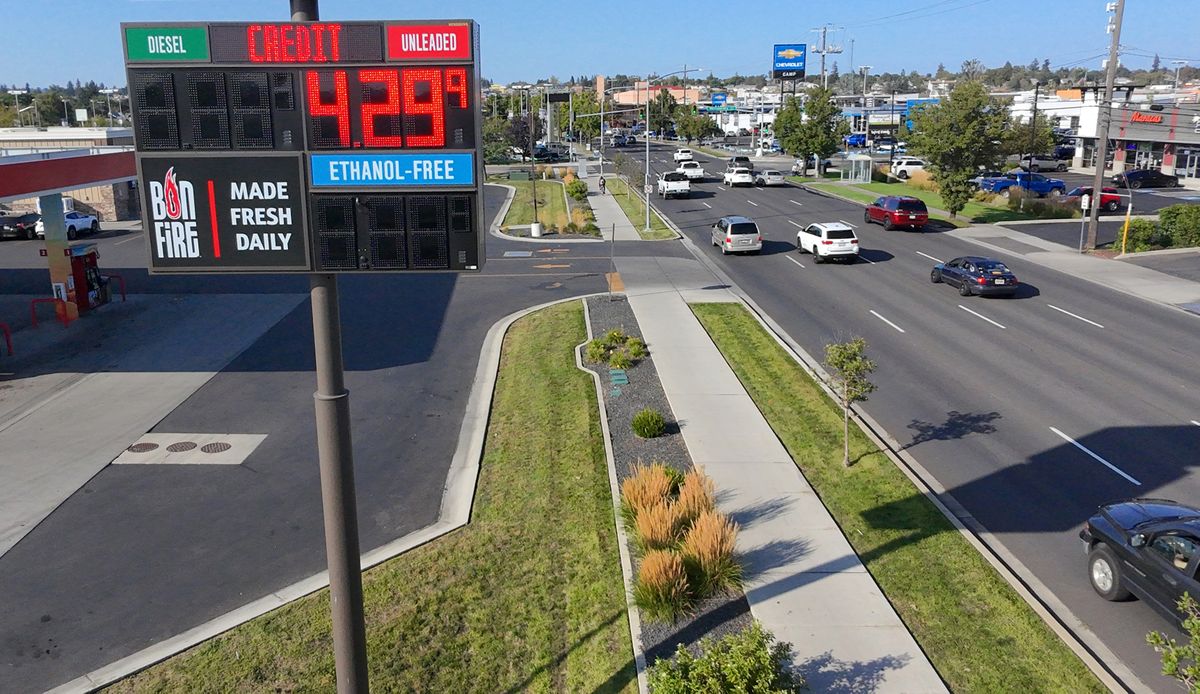 The state of Washington has the highest gas prices in the nation, according to reports, well over four dollars a gallon for regular, as shown at the Maverik station in Spokane, Washington shown Tuesday, Sept. 16, 2025.  (Jesse Tinsley/THE SPOKESMAN-REVIEW)