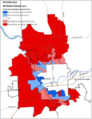 Map of the 6th Legislative District Senate race from vote totals on election night, 11.2.2010 (Jim Camden/Spokesman-Review)