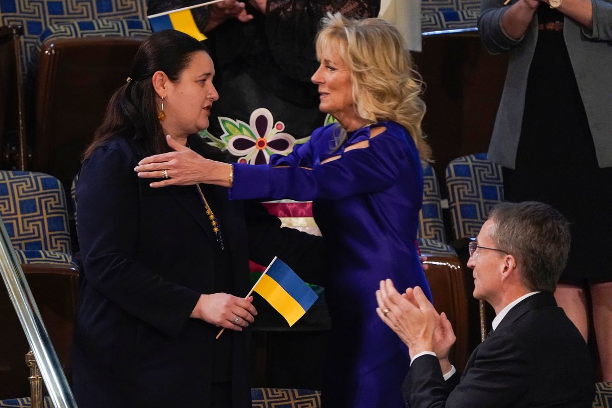 Ukraine Ambassador to the United States, Oksana Markarova, gets a hug from first lady Jill Biden at President Joe Biden’s first State of the Union address.  (J. Scott Applewhite)