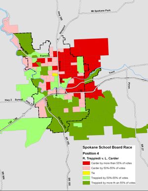 Voter breakdown of Spokane School Board District 81 Position 4 race between Rocky Treppiedi and Laura Carder as of Nov. 13.