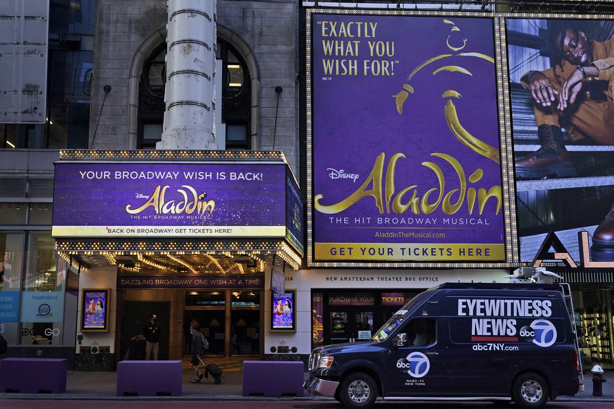 The marquee of the New Amsterdam theater appears Thursday in New York after “Aladdin” was canceled the previous night.  (Seth Wenig)