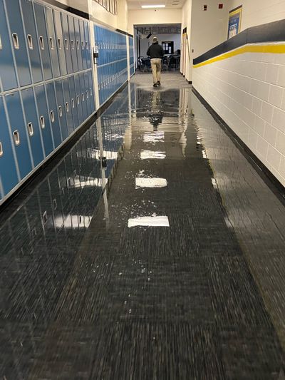 Cusick Junior/Senior High School flooded with water from a broken pipe last weekend. The flood canceled a week of school.  (Cusick School District)