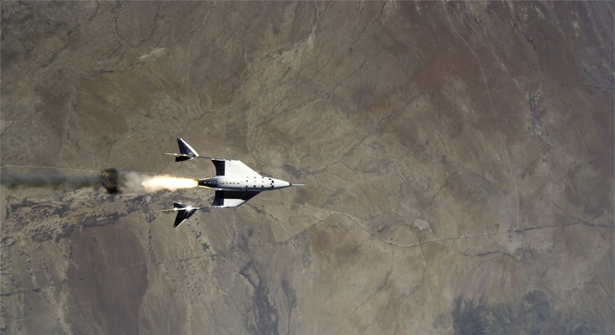 VSS Unity ignites its rocket and pulls away from mothership VMS Eve on Saturday over Spaceport America, N.M. Virgin Galactic completed its third spaceflight and the first from Spaceport America.  (HONS)