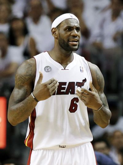 Heat’s LeBron James had 30 points, 10 rebounds and 10 assists in victory over the Pacers. (Associated Press)
