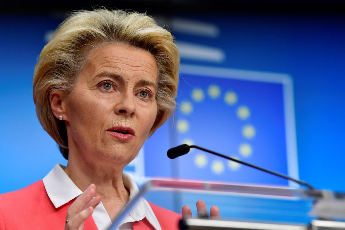 European Commission President Ursula von der Leyen speaks during a press conference at an EU summit in Brussels, Friday, Oct. 2, 2020. European Union leaders assessed the state of their economy and the impact of the coronavirus pandemic on it during their final day of a summit meeting.  (John Thys)