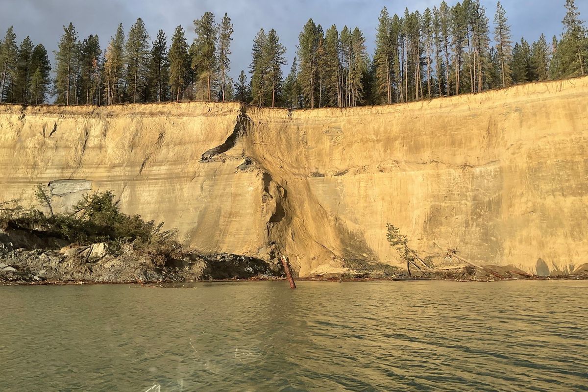 This photo by Eric Weatherman shows where the earthen cliffs caved on the shore of Lake Roosevelt west of Colville Flats Beach.   (Photo courtesy of Eric Weatherman)