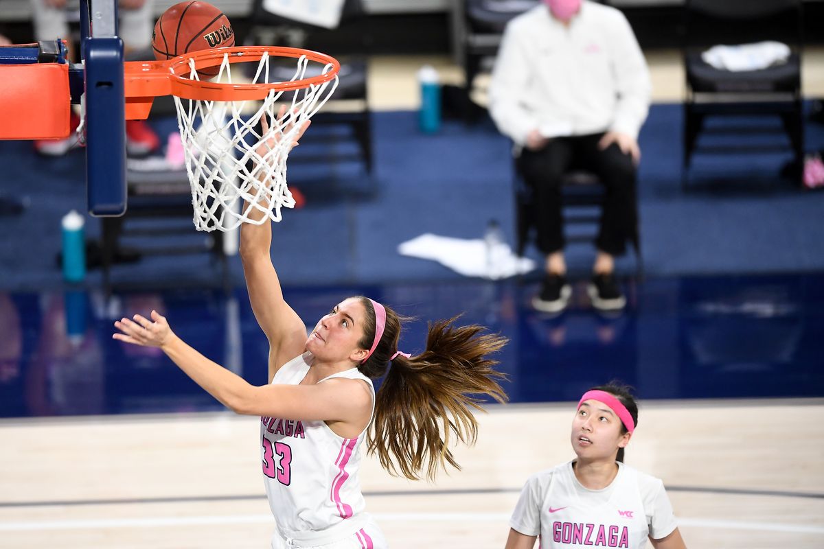 Gonzaga Bulldogs forward Melody Kempton (33) lays in the ball during the second half of a college basketball game on Saturday, February 13, 2021, at McCarthey Athletic Center in Spokane, Wash.  (Tyler Tjomsland/THE SPOKESMAN-RE)
