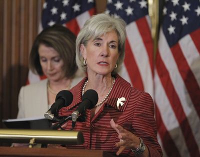 Health and Human Services Secretary Kathleen Sebelius, right, joined by House Speaker Nancy Pelosi,  D-Calif., speaks about benefits and questions about the Affordable Care Act and Medicare, during a news conference on Capitol Hill in Washington.  (Associated Press)