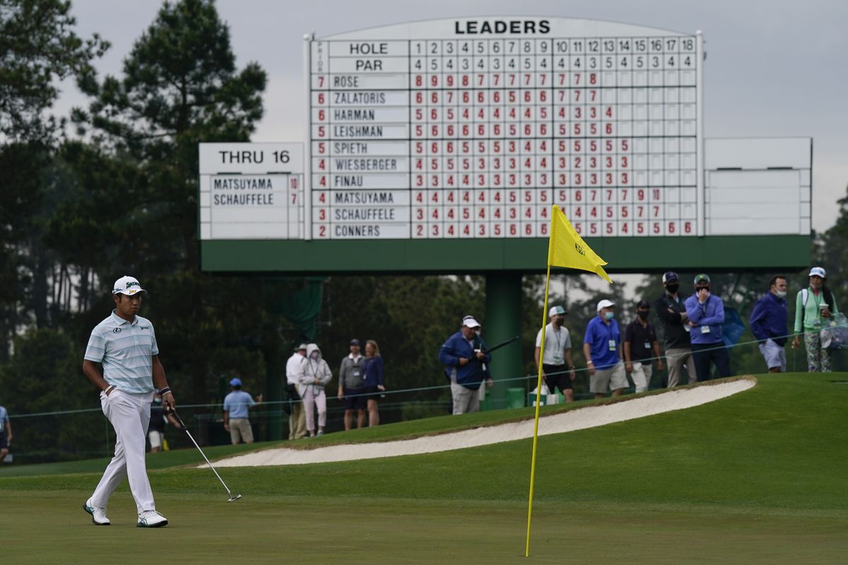 Hideki Matsuyama, of Japan, walks the the 17th green during the third round of the Masters golf tournament on Saturday, April 10, 2021, in Augusta, Ga.  (Associated Press)