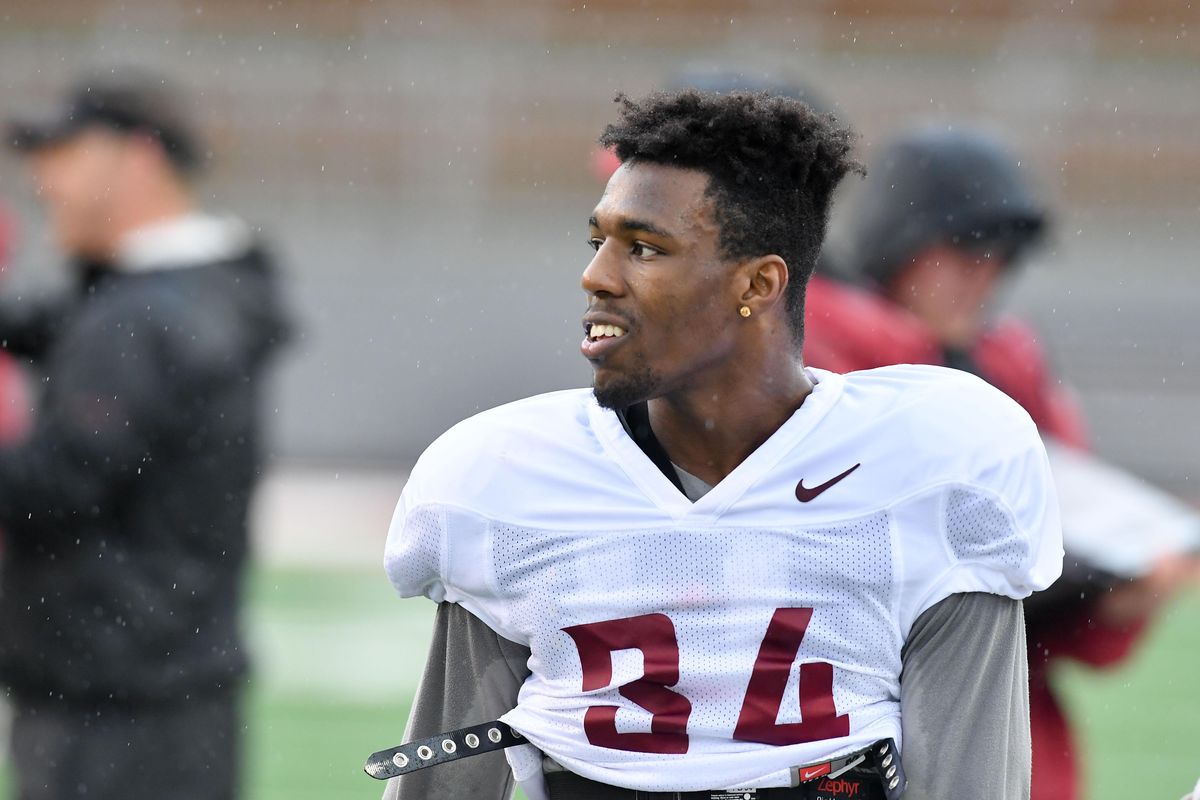 Washington State safety Jalen Thompson  pauses between plays during a spring practice on  April 5, 2018, at Martin Stadium in Pullman. (Tyler Tjomsland / The Spokesman-Review)