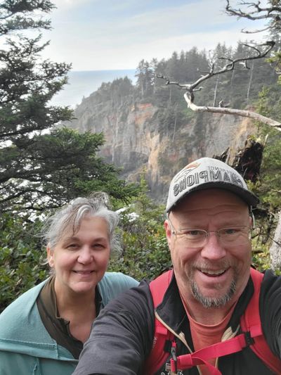 Barney and Denise Metz pause for a photo while hiking the Oregon Coast Trail.  (Courtesy of Barney Metz)
