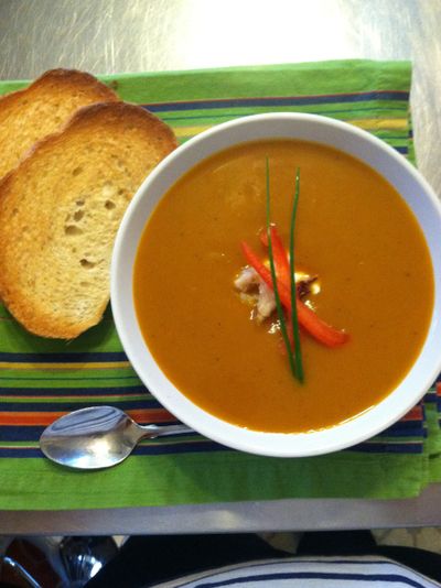 The fall flavors of butternut squash, apples and curry combine in this silky soup.