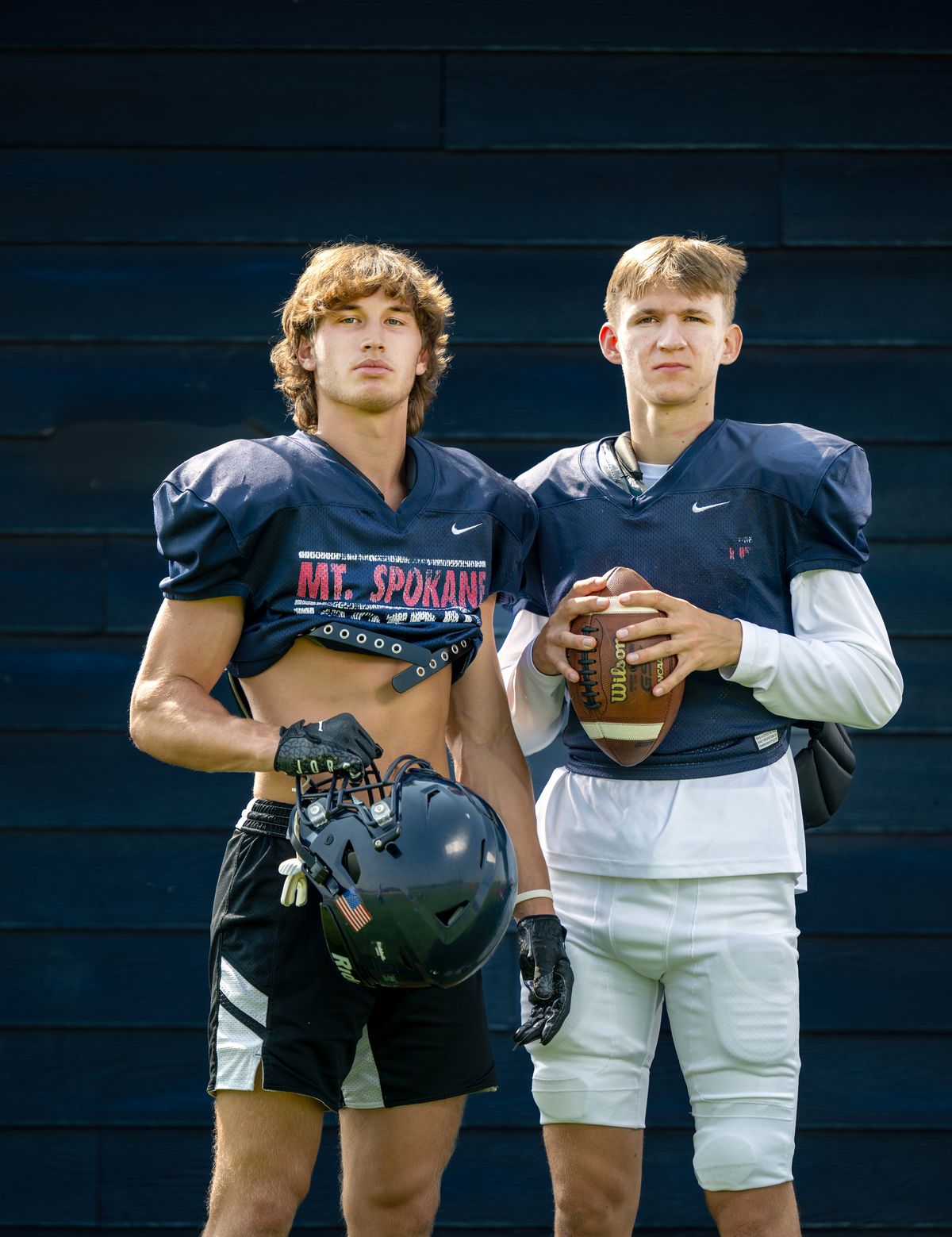 Mt. Spokane wide receiver Bode Gardner and quarterback TJ Haberman pose at the school in August.  (COLIN MULVANY/THE SPOKESMAN-REVIEW)