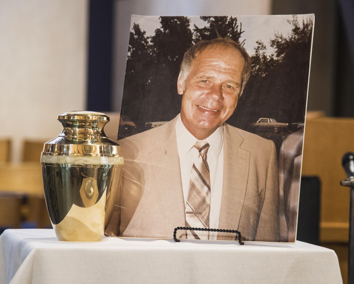 Jud Heathcote is pictured near the alter during his memorial service, Saturday, Sept. 23, 2017, at St. Marks Lutheran Church in Spokane, Wash. (Dan Pelle / The Spokesman-Review)