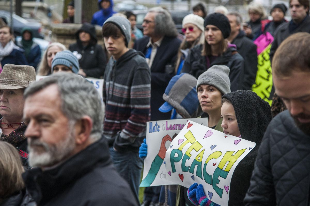 Hundreds gathered at the Spokane County Courthouse, Nov. 19, 2016, for an anti-Trump rally. (Dan Pelle / The Spokesman-Review)