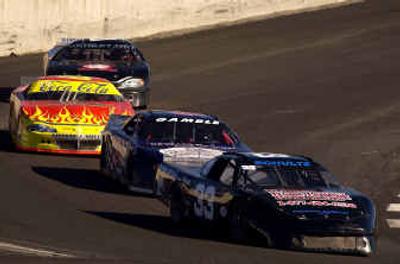 
Rick Schultz of Spokane is the leader of the pack in the first half of the Idaho 200 at Stateline Speedway on Sunday afternoon.
 (Tom Davenport/ / The Spokesman-Review)