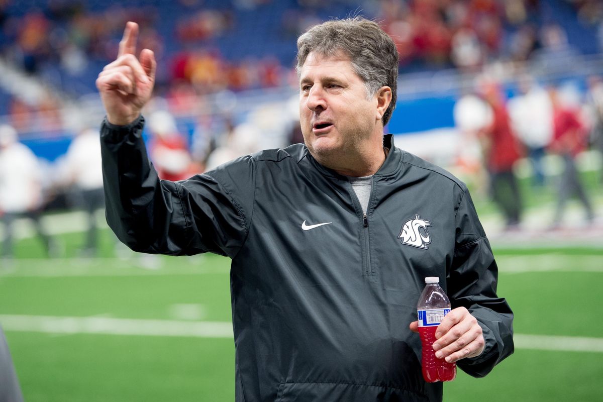 Washington State  head coach Mike Leach gestures before the first half of the 2018 Alamo Bowl on  Dec. 28 at the Alamo Dome in San Antonio, Texas. (Tyler Tjomsland / The Spokesman-Review)