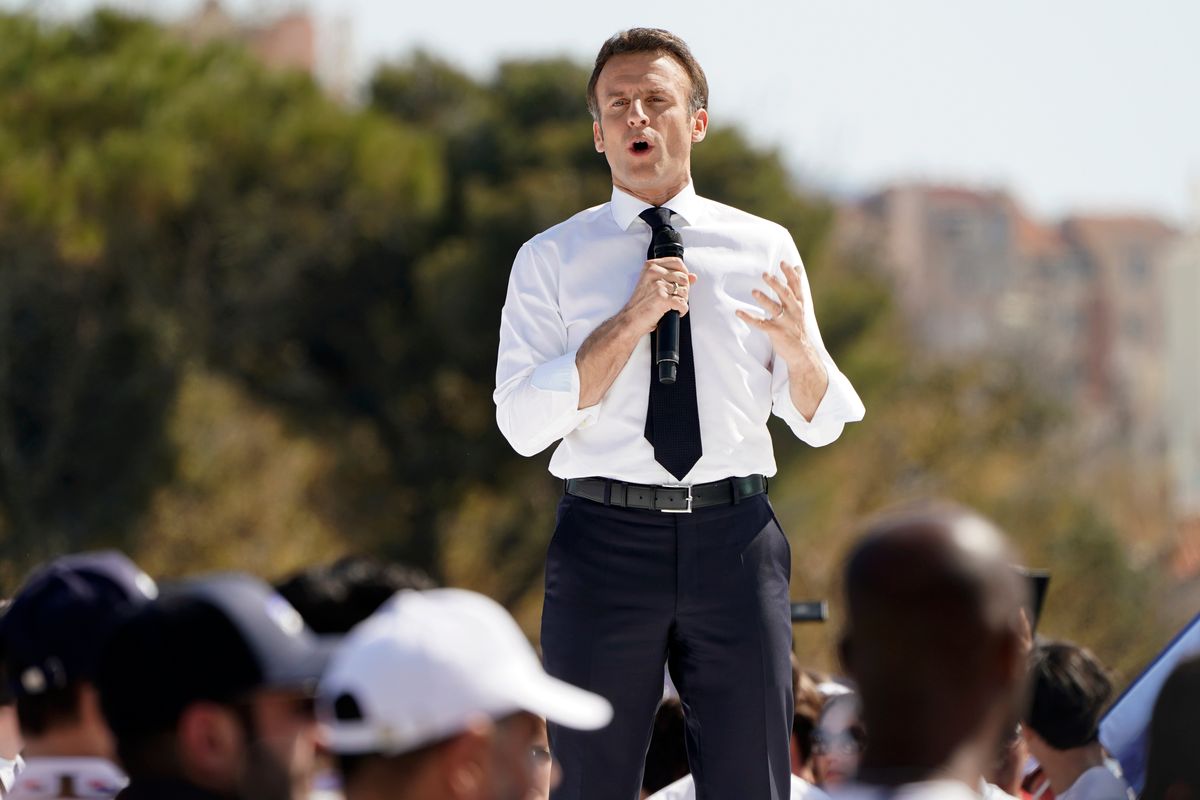 French President and centrist candidate Emmanuel Macron speaks during a campaign rally, Saturday, April 16, 2022 in Marseille, southern France. Far-right leader Marine Le Pen is trying to unseat centrist President Emmanuel Macron, who has a slim lead in polls ahead of France