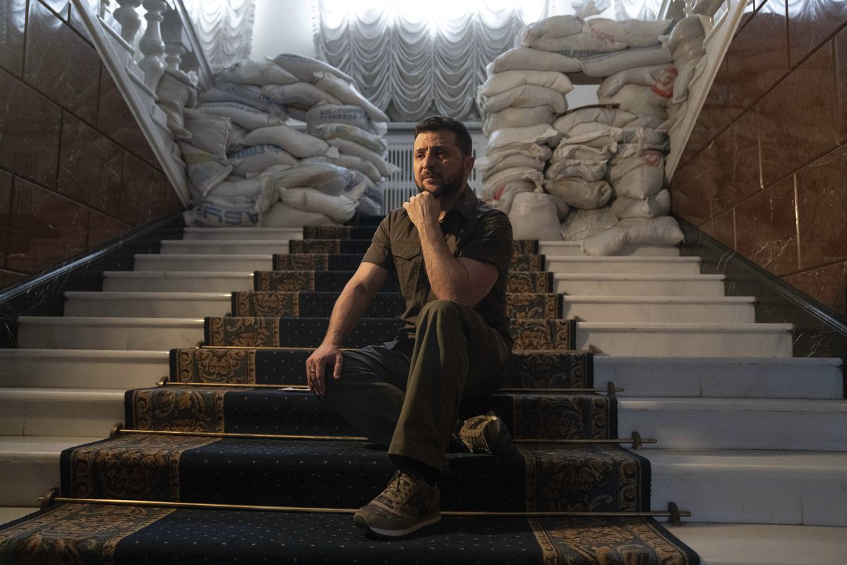 Ukrainian President Volodymyr Zelenskyy speaks during an interview with the Associated Press in his office in Kyiv, Ukraine, on Saturday.  (Evgeniy Maloletka)