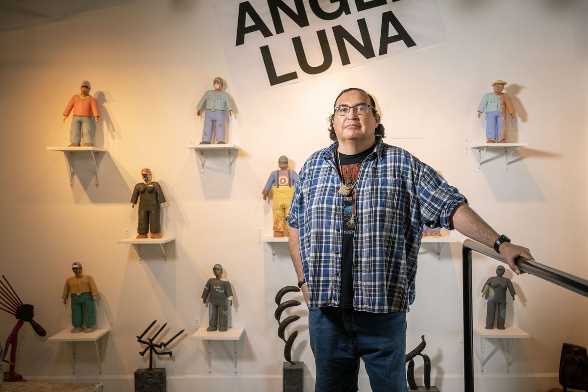 Artist Angel Luna from Mesa, Ariz., will be showcasing his work at Marmot Art Space for the months of July and August. “He’s showcasing a series of figures based on farm workers.”  (COLIN MULVANY/THE SPOKESMAN-REVIEW)