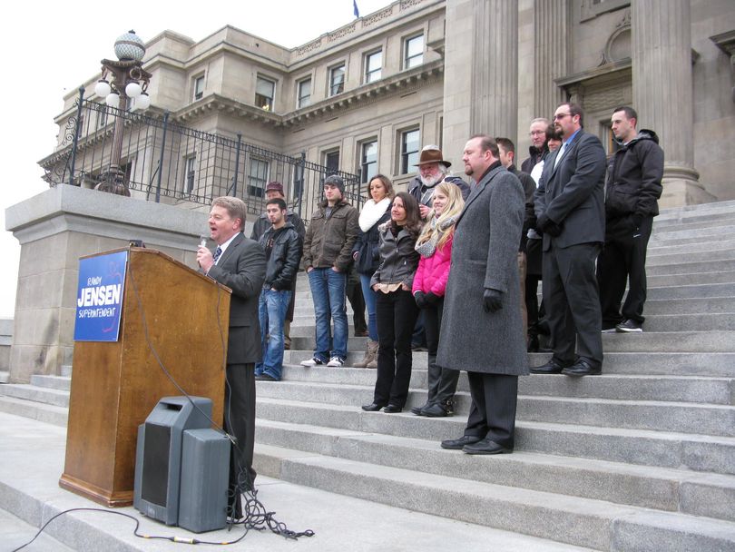Randy Jensen, a middle school principal from American Falls, announces his candidacy for state superintendent of schools on the Capitol steps on Friday (Betsy Russell)