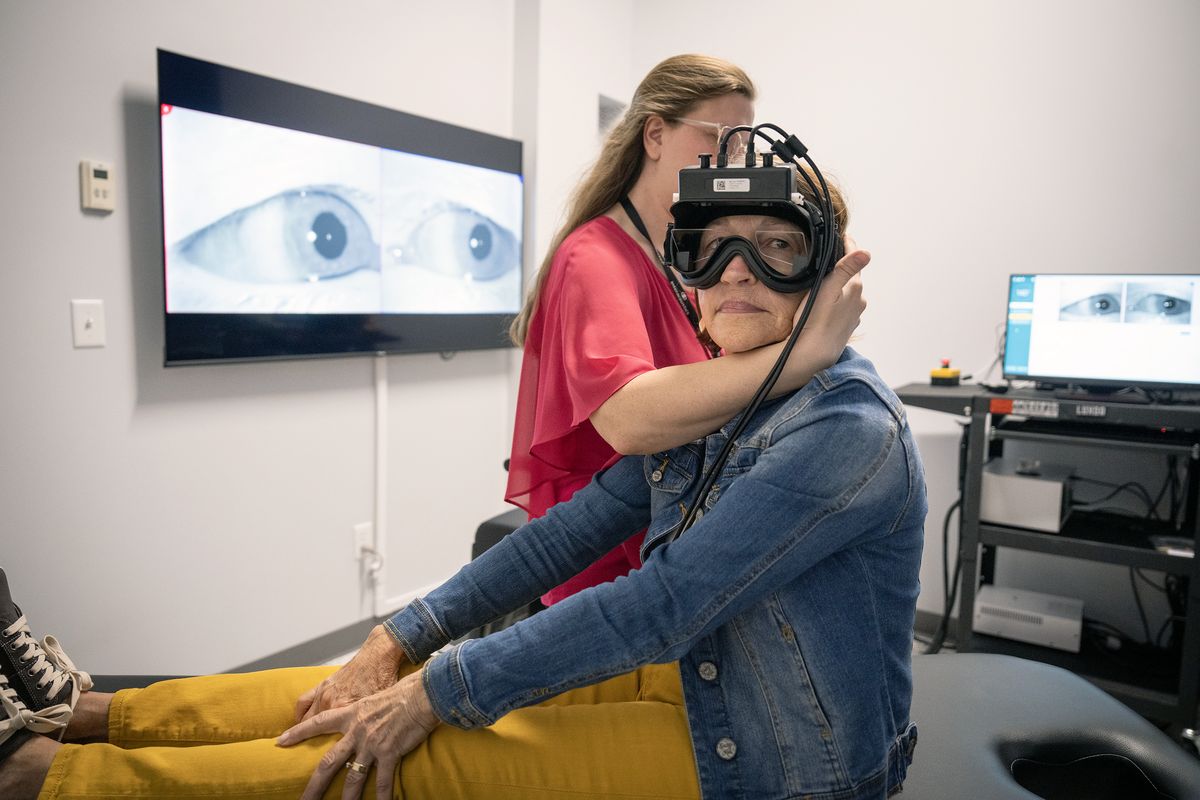 Joyce Rentz, of Carver, who has been experiencing dizziness, goes through a vestibular evaluation with Dr. Samantha Rossmann at Associated Hearing Care in St. Paul, Minn. on Tuesday, Aug. 26, 2025. (Leila Navidi/The Minnesota Star Tribune/TNS)  (Leila Navidi/The Minnesota Star Tribune/TNS)