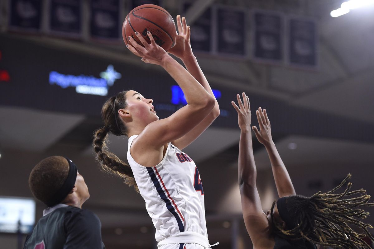 Gonzaga forward LeeAnne Wirth  puts up a shot against Texas Southern guard Destiny Arvinger  during a nonconference basketball game on Dec. 14, 2019, at the McCarthey Athletic Center. (James Snook / For The Spokesman-Review)