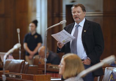 Oregon Sen. Fred Girod speaks in opposition of SB 528, which would phase out field burning, with an exception of up to 15,000 acres of steep terrain, largely in the hills outside Silverton, Ore., on Thursday.  (Associated Press / The Spokesman-Review)