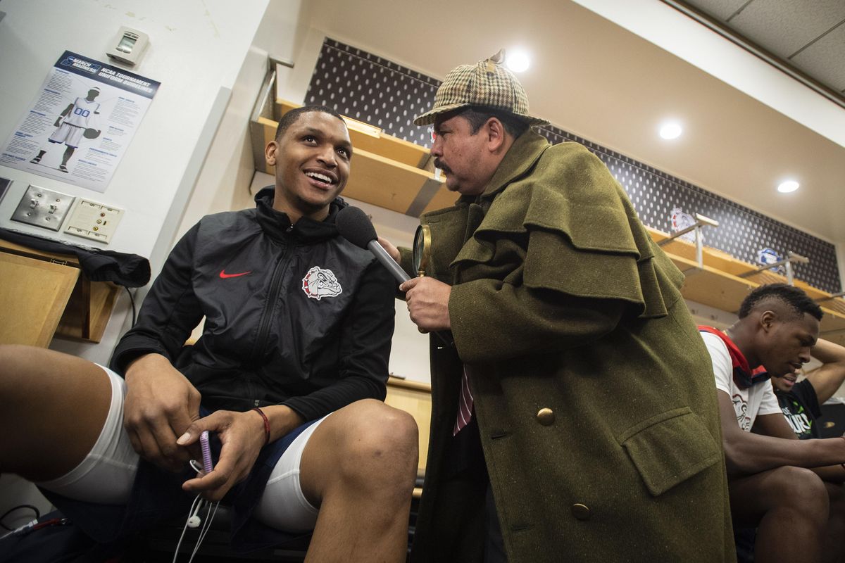 Seeing if Gonzaga University really exists, Guillermo Rodriguez, the “security guard” for “Jimmy Kimmel Live!” dressed as Sherlock Holmes interviews Zach Norvell Jr. in Gonzaga