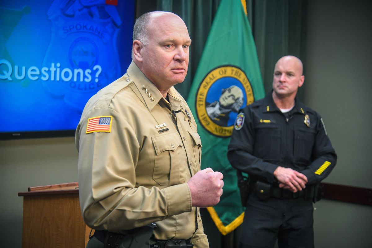 Spokane County Sheriff Ozzie Knezovich. left, and Spokane Police Chief Craig Meidl hold a press conference to address gang violence, Monday, March 8, 2021, at the Spokane Public Safety Building.  (DAN PELLE/THE SPOKESMAN-REVIEW)