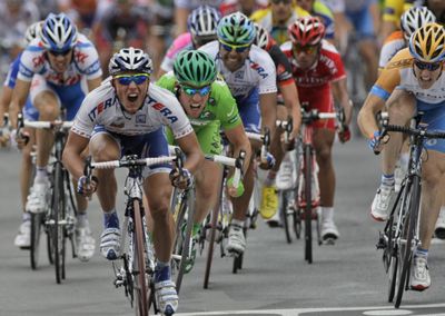 Mikhail Ignatiev of Russia leads the sprint of the pack Wednesday during the fifth stage of the Tour de France.  (Associated Press / The Spokesman-Review)