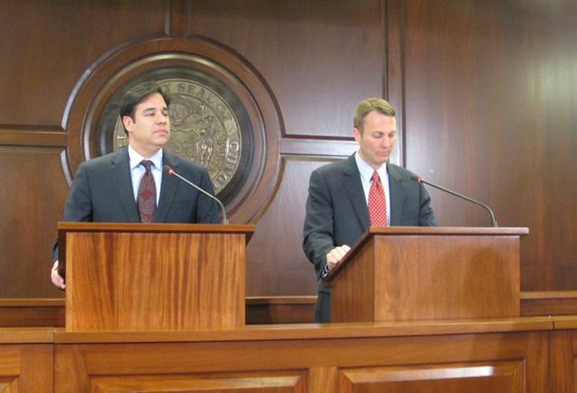Raul Labrador, left, and Vaughn Ward, right, debate live on Idaho Public Television on Tuesday. (Betsy Russell)