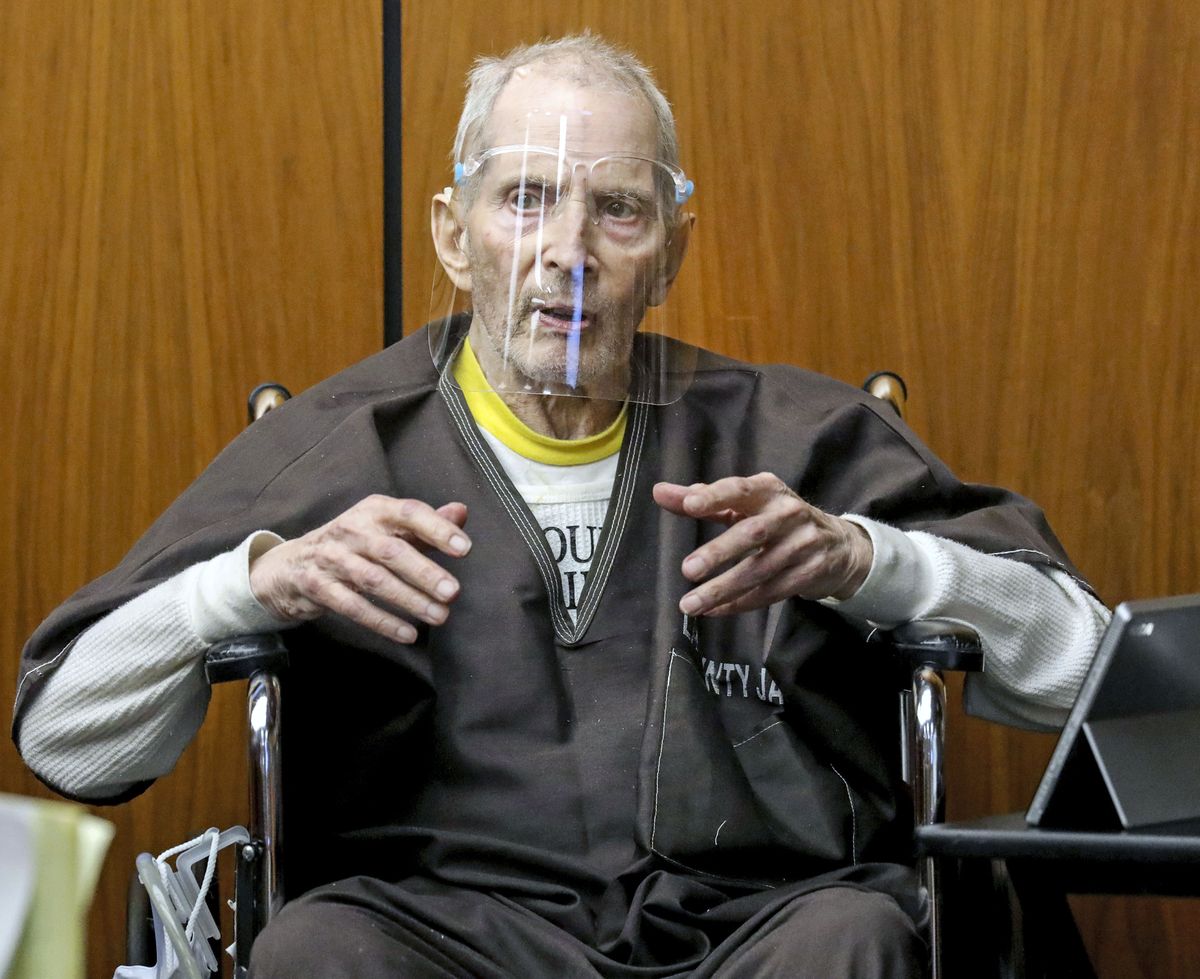 FILE - In this Monday, Aug. 9, 2021, file photo, New York real estate scion Robert Durst, 78, answers questions from defense attorney Dick DeGuerin, while testifying in his murder trial at the Inglewood Courthouse in Inglewood, Calif. The sentencing of Durst will be comparatively brief compared to his murder trial that stretched over the better part of two years. The New York real estate heir faces a mandatory term of life in prison without parole Thursday, Oct. 14 for the first-degree murder of his best friend, Susan Berman.  (Gary Coronado)