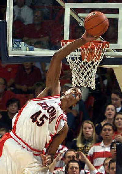 
Eastern will have to contend with the likes of Arizona's shot-blocking Channing Fyre tonight. 
 (Associated Press / The Spokesman-Review)