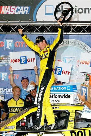 Joey Logano, driver of the #18 Dollar General Toyota, celebrates in Victory Lane after winning the NASCAR Nationwide Series Food City 250 at Bristol Motor Speedway on August 24, 2012 in Bristol, Tenn. (Photo Credit: Tyler Barrick/Getty Images) (Tyler Barrick / Getty Images North America)