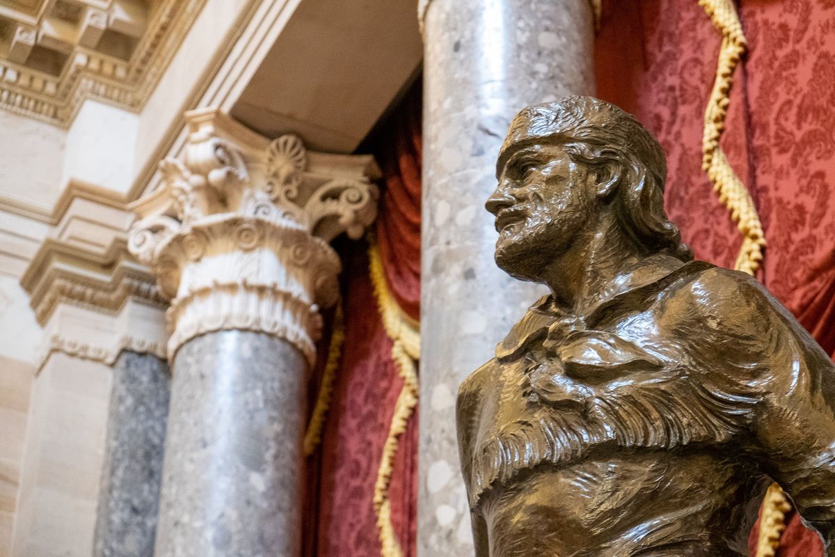 The Marcus Whitman statue is seen in 2021 in Washington, D.C. Seattle artist Hai Ying Wu has been selected to design a statue of Nisqually tribal member Billy Frank Jr., who died in 2014, to replace the Whitman statue in Washington, D.C.  (Orion Donavan-Smith/The Spokesman_review)