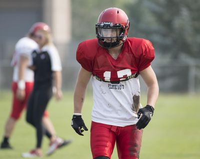 Jake Hoffman, who played at North Central in Spokane, sets up for the next play as a defensive back during practice on Aug. 7, 2017. (Jesse Tinsley / The Spokesman-Review)
