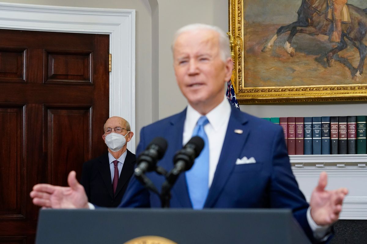 President Joe Biden delivers remarks on the retirement of Supreme Court Associate Justice Stephen Breyer, left, in the Roosevelt Room of the White House in Washington, Thursday, Jan. 27, 2022.  (Andrew Harnik)