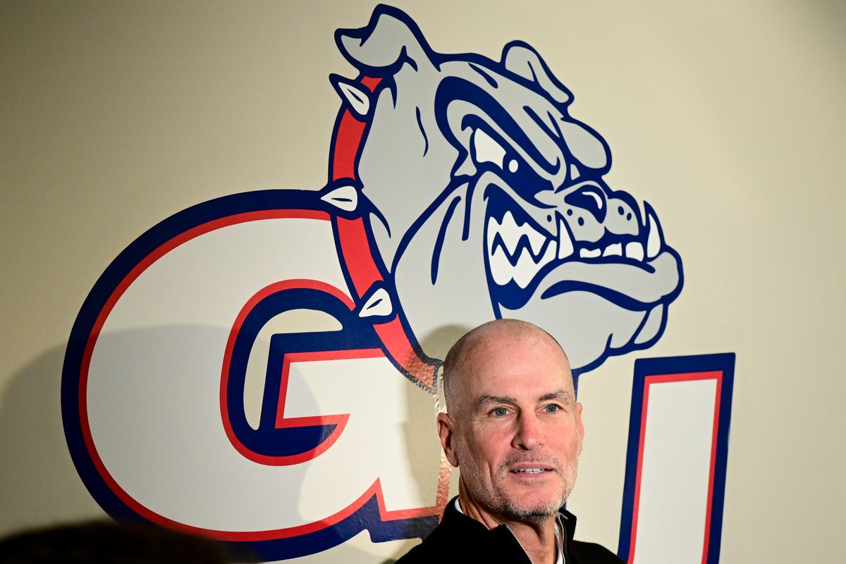 ESPN’s Jay Bilas fields questions from local media as the ESPN College GameDay crew gets settled on campus on Friday, Feb 24, 2023, at McCarthey Athletic Center in Spokane, Wash.  (Tyler Tjomsland / The Spokesman-Review)