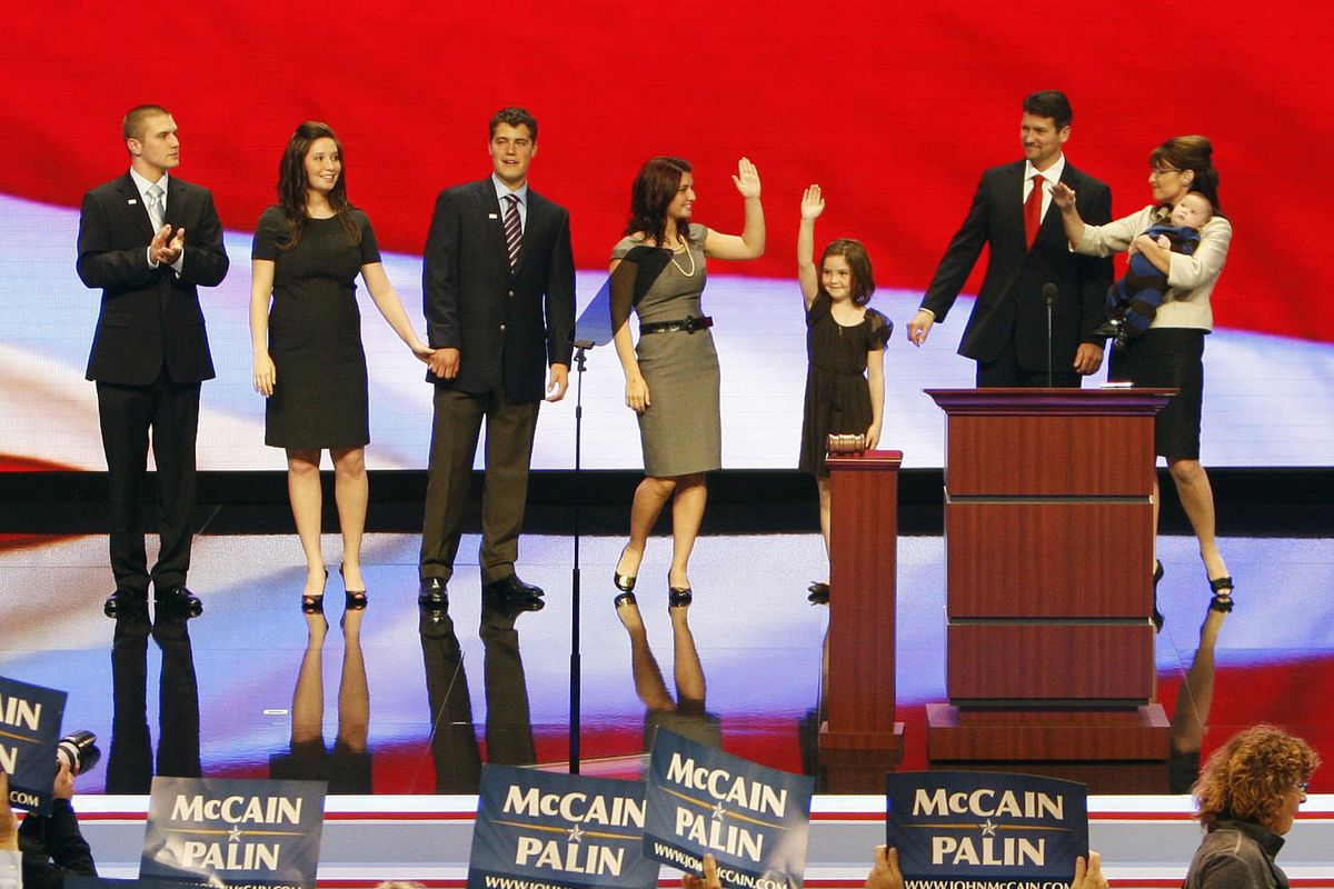 FILE – In this Sept. 3, 2008, file photo, Republican vice presidential candidate Sarah Palin, right, holds her son Trig, as she is joined by her family on stage after her speech at the Republican National Convention in St. Paul, Minn., Wednesday, Sept. 3, 2008. From left are son, Track, daughter, Bristol and her boyfriend, Levi Johnston, daughters Willow and Piper and husband, Todd. (Ron Edmonds / AP)