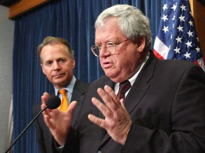 
House Speaker Dennis Hastert, R-Ill., and Rep. David Dreier, R-Calif., discuss at a Tuesday news conference a proposal to reform lobbying practices. 
 (Associated Press / The Spokesman-Review)
