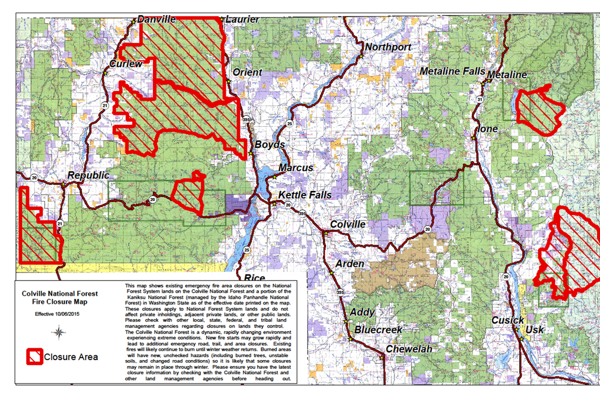 Wildfire access closures on the Colville National forest are being reduced, but some are are still in place in early October  2015. (U.S. Forest Service)