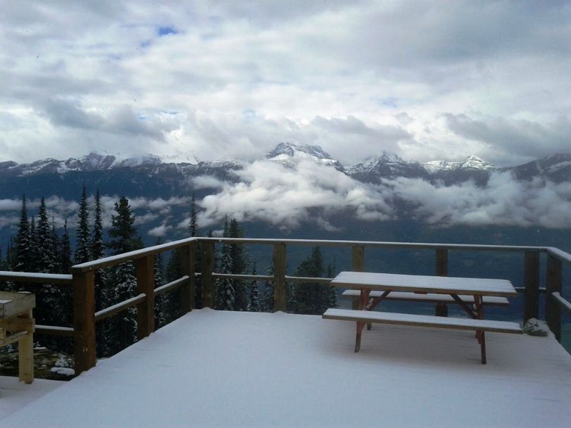 September 11, 2012 – Looking out from the deck at Mackenzie Outpost, top of the Revelation Gondola at Revelstoke Mountain Resort (Revelstoke Mountain Resort)