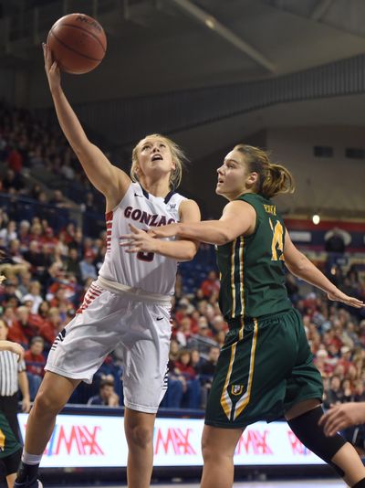 Gonzaga's Georgia Stirton, left, takes the layup while getting hacked by San Francisco's Michaela Rakova on Dec. 31, 2015. Stirton recalls that “big school” basketball was a shock because of how fast the players were. (Jesse Tinsley / The Spokesman-Review)