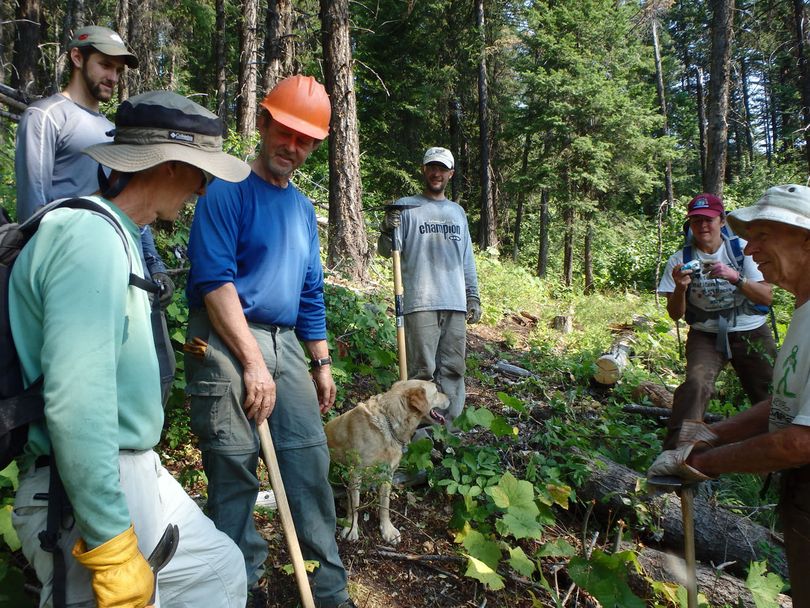 Star Peak Historic Trail 999 trail crew pauses during construction in 2014, culminating three years of cooperation between the Friends of Scotchman Peaks Wilderness and the U.S. Forest Service. Pictured from left are FSPW intern Joe Zimmerman, volunteer Irv McGeachy, FSPW program coordinator Sandy Compton, trail supervisor Golden Canine, volunteers Brad smith, Celeste Grace and Phil Degens. (Phil Hough)